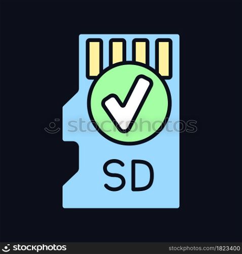 Includes memory card RGB color manual label icon for dark theme. MicroSD card. Isolated vector illustration on night mode background. Simple filled line drawing on black for product use instructions. Includes memory card RGB color manual label icon for dark theme