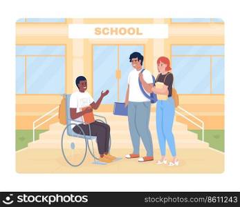 Inclusion at school 2D vector isolated illustration. Schoolmates flat characters on cartoon background. Interaction colourful editable scene for mobile, website, presentation. Archivo Black font used. Inclusion at school 2D vector isolated illustration