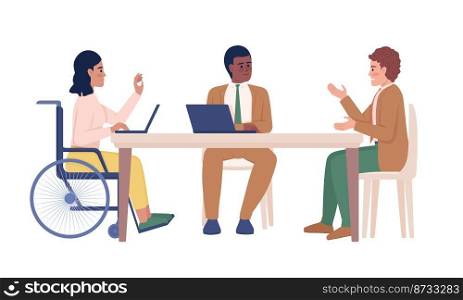 Inclusion in workplace semi flat color vector characters. Business meeting. Editable figures. Full body people on white. Simple cartoon style illustrations for web graphic design and animation. Inclusion in workplace semi flat color vector characters