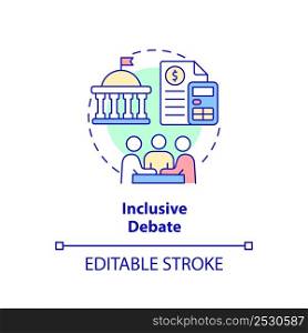 Inclusive debate concept icon. Active discussion. Principle of budget planning abstract idea thin line illustration. Isolated outline drawing. Editable stroke. Arial, Myriad Pro-Bold fonts used. Inclusive debate concept icon