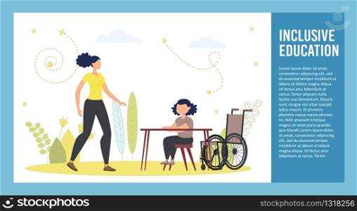Inclusive Education for Children with Paraplegia Trendy Flat Vector Poster, Brochure or Presentation Slide Template. Female Teacher Having Lesson with Disabled Pupil, Girl in Wheelchair Illustration. Disabled Schoolchild Education Vector Brochure