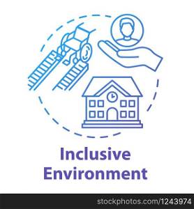 Inclusive environment concept icon. Rehabilitation for students with special needs. Aid for disabled people idea thin line illustration. Vector isolated outline RGB color drawing. Editable stroke