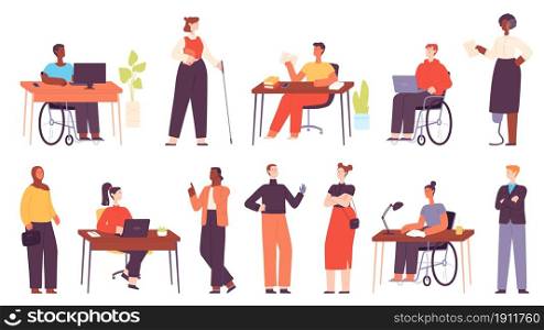 Inclusive multicultural office workers at workplace. Cartoon business people in wheelchair, disabled character at work. Diversity vector set. Employees having leg and arm prosthesis. Inclusive multicultural office workers at workplace. Cartoon business people in wheelchair, disabled character at work. Diversity vector set