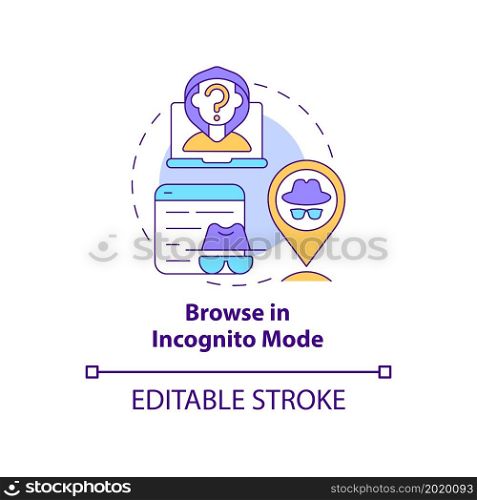 Incognito mode browsing concept icon. Anonymity protecting privacy online. Avoiding data tracing abstract idea thin line illustration. Vector isolated outline color drawing. Editable stroke. Incognito mode browsing concept icon