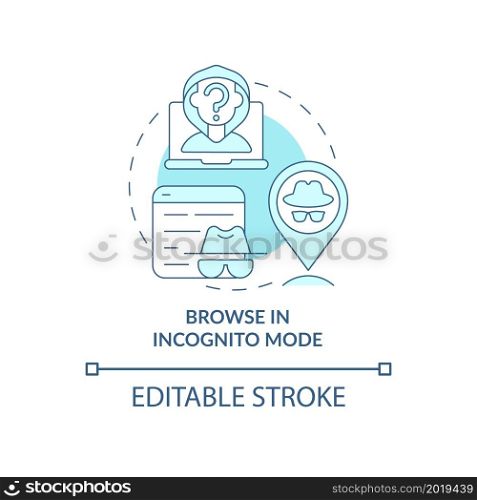 Incognito mode surfing online concept icon. Anonymity protecting privacy online. Avoiding data tracing abstract idea thin line illustration. Vector isolated outline color drawing. Editable stroke. Incognito mode surfing online concept icon