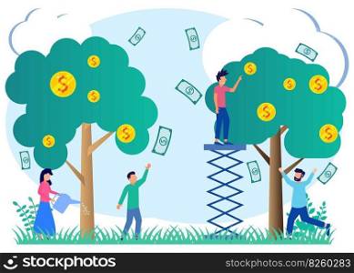 Income flat style vector illustration and income metaphor. People characters take cash from money tree. Investor strategy, funding concept. business investment profits.