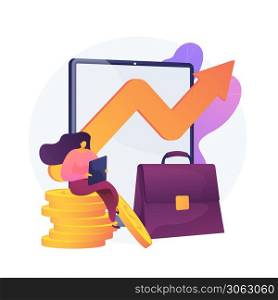 Income growth, profitable business, successful commerce. Workflow, earnings fluctuation, revenue graph curve arrow. Business owner cartoon character. Vector isolated concept metaphor illustration.. Income growth vector concept metaphor.