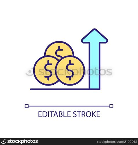 Income growth RGB color icon. Revenue increasing. Cost and price rise. Financial success. Investment. Isolated vector illustration. Simple filled line drawing. Editable stroke. Arial font used. Income growth RGB color icon