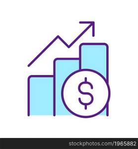 Income increase chart RGB color icon. Business profit. Investment value growth. Financial and economic scheme. Column graph. Isolated vector illustration. Simple filled line drawing. Income increase chart RGB color icon