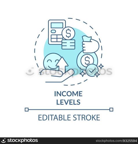 Income levels turquoise concept icon. Earnings growth. Pay scale. Standard of living. Well being. Financial wellness abstract idea thin line illustration. Isolated outline drawing. Editable stroke. Income levels turquoise concept icon