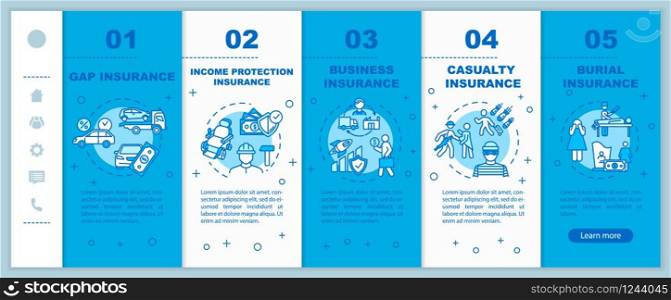 Income protection onboarding vector template. Gap insurance. Political coverage. Funeral assistance. Responsive mobile website with icons. Webpage walkthrough step screens. RGB color concept