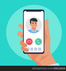 Incoming call. Cartoon smartphone touchscreen. Human hand holding ringing phone. Mobile application for communication, electronic device display with buttons. Modern gadget, vector flat illustration. Incoming call. Cartoon smartphone touchscreen. Hand holding ringing phone. Mobile application for communication, electronic device display with buttons. Modern gadget, vector illustration