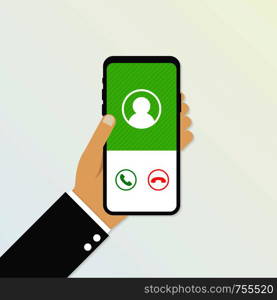 Incoming call on smartphone screen. Calling service. Hand holds smartphone, finger touch screen. Vector stock illustration.