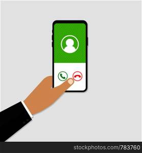 Incoming call on smartphone screen. Calling service. Hand holds smartphone, finger touch screen. Vector stock illustration.