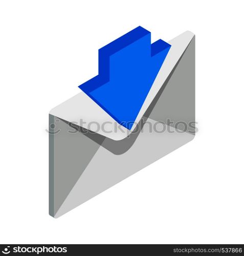 Incoming email icon in isometric 3d style isolated on white background. Closed envelope with blue arrow down icon. Incoming email icon, isometric 3d style