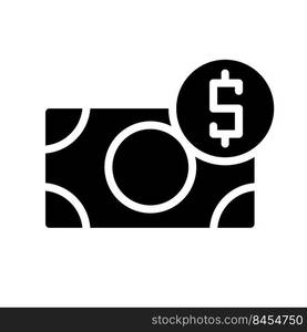 Incoming money black glyph icon. Successful financial operations. Business and commerce. Savings growth. Silhouette symbol on white space. Solid pictogram. Vector isolated illustration. Incoming money black glyph icon