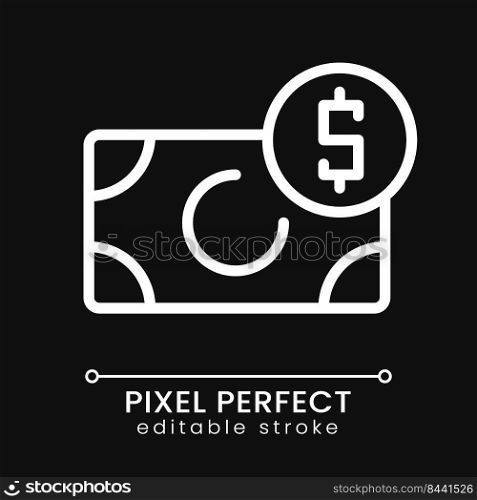 Incoming money pixel perfect white linear icon for dark theme. Financial operations. Business and commerce. Thin line illustration. Isolated symbol for night mode. Editable stroke. Poppins font used. Incoming money pixel perfect white linear icon for dark theme