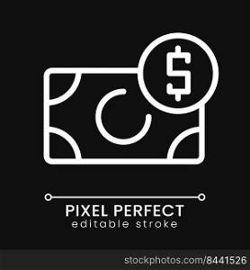Incoming money pixel perfect white linear icon for dark theme. Financial operations. Business and commerce. Thin line illustration. Isolated symbol for night mode. Editable stroke. Poppins font used. Incoming money pixel perfect white linear icon for dark theme
