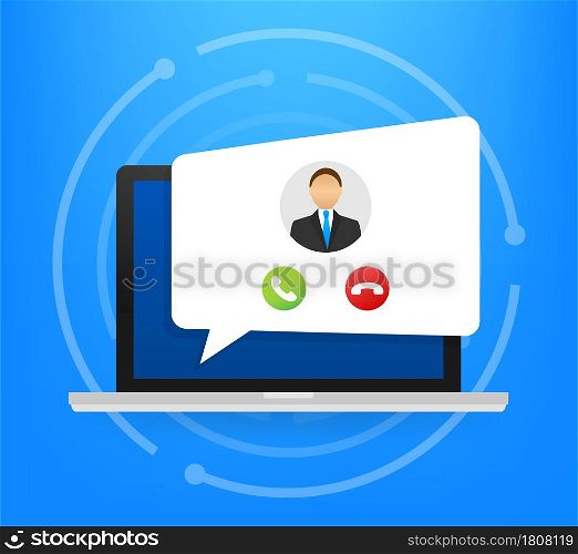 Incoming video call on laptop. Laptop with incoming call, man profile picture and accept decline buttons. Vector stock illustration. Incoming video call on laptop. Laptop with incoming call, man profile picture and accept decline buttons. Vector stock illustration.