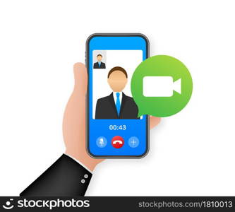 Incoming video call on laptop. Laptop with incoming call, man profile picture and accept decline buttons. Vector stock illustration. Incoming video call on laptop. Laptop with incoming call, man profile picture and accept decline buttons. Vector stock illustration.