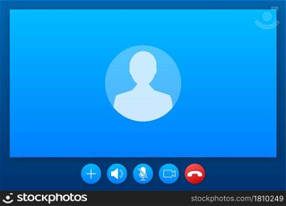 Incoming video call on laptop. Laptop with incoming call, man profile picture and accept decline buttons. Vector stock illustration. Incoming video call on laptop. Laptop with incoming call, man profile picture and accept decline buttons. Vector stock illustration.