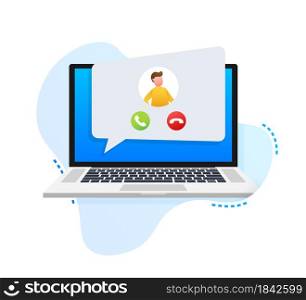 Incoming video call on laptop. Laptop with incoming call, man profile picture and accept decline buttons. Vector stock illustration.. Incoming video call on laptop. Laptop with incoming call, man profile picture and accept decline buttons. Vector stock illustration