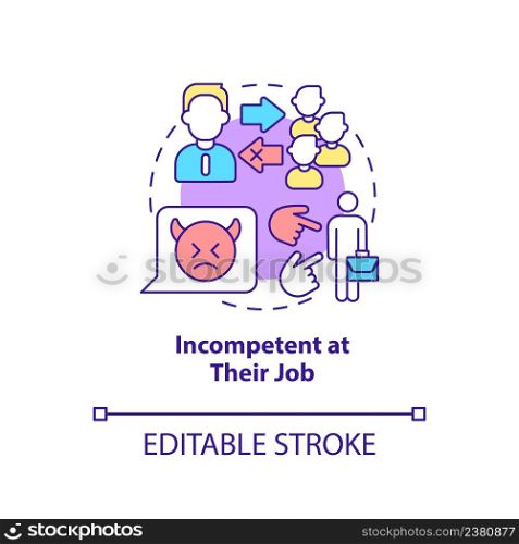 Incompetent at their job concept icon. Unqualified boss. Toxic leader trait abstract idea thin line illustration. Isolated outline drawing. Editable stroke. Arial, Myriad Pro-Bold fonts used. Incompetent at their job concept icon