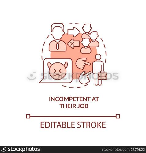 Incompetent at their job red concept icon. Unqualified boss. Toxic leader trait abstract idea thin line illustration. Isolated outline drawing. Editable stroke. Arial, Myriad Pro-Bold fonts used. Incompetent at their job red concept icon