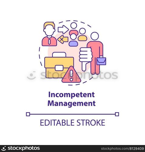 Incompetent management concept icon. Cooperative society drawback abstract idea thin line illustration. Low engagement. Isolated outline drawing. Editable stroke. Arial, Myriad Pro-Bold fonts used. Incompetent management concept icon