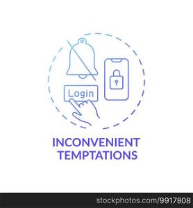 Inconvenient temptations concept icon. Overcoming procrastination tip idea thin line illustration. Multitasking avoidance. Turning off social media. Vector isolated outline RGB color drawing. Inconvenient temptations concept icon