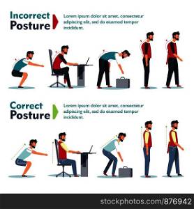 Incorrect and correct posture health care poster with text sample set vector. Male sitting in wrong and right way, taking briefcase from ground, walking and standing. Health of spine of man person. Incorrect and correct posture health care poster set vector