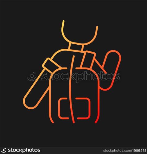 Incorrect use gradient vector icon for dark theme. Scoliosis cause. Backpack wearing wrong way. Harmful position. Thin line color symbol. Modern style pictogram. Vector isolated outline drawing. Incorrect use gradient vector icon for dark theme