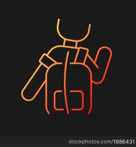 Incorrect use gradient vector icon for dark theme. Scoliosis cause. Backpack wearing wrong way. Harmful position. Thin line color symbol. Modern style pictogram. Vector isolated outline drawing. Incorrect use gradient vector icon for dark theme