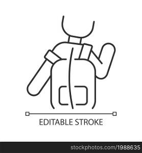 Incorrect use linear icon. Scoliosis causes. Backpack wearing wrong way. Backbone deformation. Thin line customizable illustration. Contour symbol. Vector isolated outline drawing. Editable stroke. Incorrect use linear icon