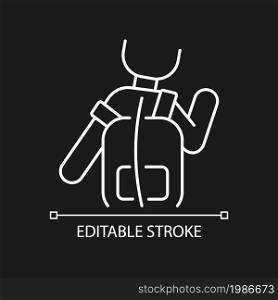 Incorrect use white linear icon for dark theme. Scoliosis cause. Backpack wearing wrong way. Thin line customizable illustration. Isolated vector contour symbol for night mode. Editable stroke. Incorrect use white linear icon for dark theme