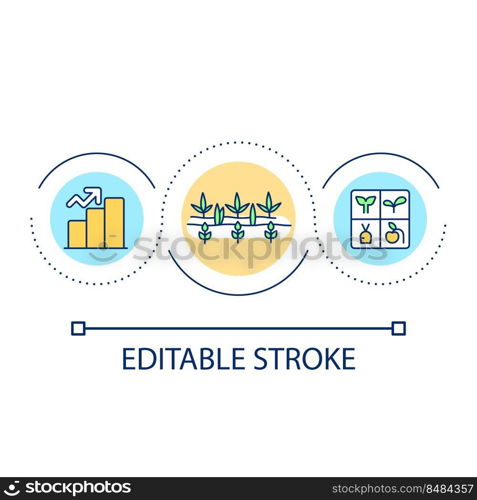 Increase amount of various plants loop concept icon. Crops selection. Farming productivity abstract idea thin line illustration. Isolated outline drawing. Editable stroke. Arial font used. Increase amount of various plants loop concept icon