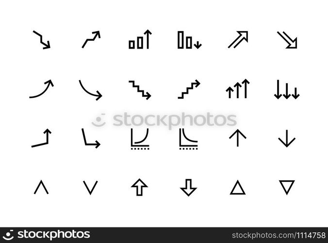 Increase and decrease line icons. Growth and fall symbols for web page and application UI. Vector up and down editable set business profit and loss. Increase and decrease line icons. Growth and fall symbols for web page and application UI. Vector up and down editable set