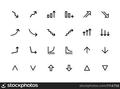 Increase and decrease line icons. Growth and fall symbols for web page and application UI. Vector up and down editable set business profit and loss. Increase and decrease line icons. Growth and fall symbols for web page and application UI. Vector up and down editable set