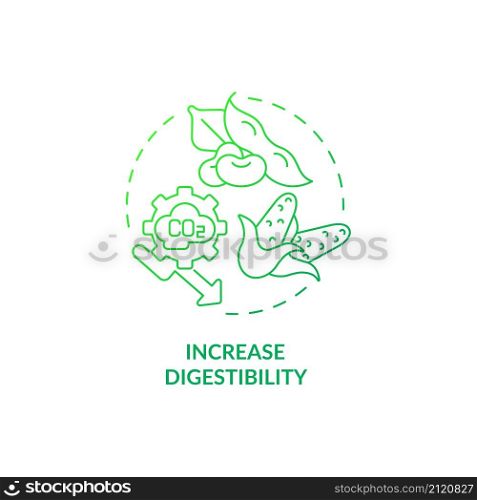 Increase digestibility green gradient concept icon. Livestock greenhouse gases reduction abstract idea thin line illustration. Isolated outline drawing. Roboto-Medium, Myriad Pro-Bold fonts used. Increase digestibility green gradient concept icon