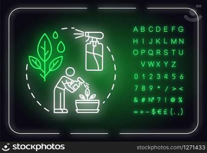 Increase humidity neon light concept icon. Indoor flowers concern. Houseplants caring. Moisture maintenance idea. Outer glowing sign, alphabet, numbers, symbols. Vector isolated RGB color illustration