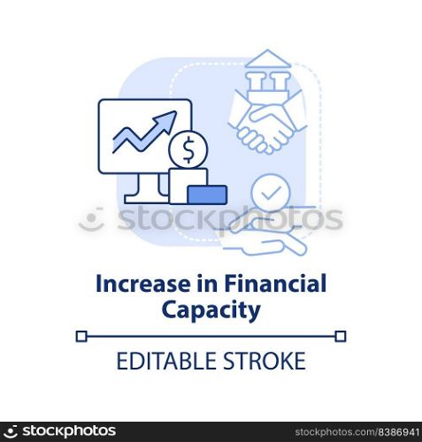Increase in financial capacity light blue concept icon. Motive for merger abstract idea thin line illustration. Isolated outline drawing. Editable stroke. Arial, Myriad Pro-Bold fonts used. Increase in financial capacity light blue concept icon