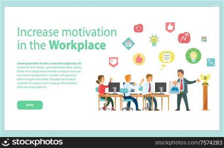 Increase motivation in workplace web page, men and woman sitting at table with computers, discussing successful strategy,teamwork and win, award vector. Increase Motivation in Workplace Web Page Vector