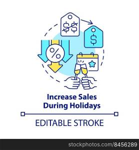 Increase sales during holidays concept icon. Festive offers. Discount strategy abstract idea thin line illustration. Isolated outline drawing. Editable stroke. Arial, Myriad Pro-Bold fonts used. Increase sales during holidays concept icon