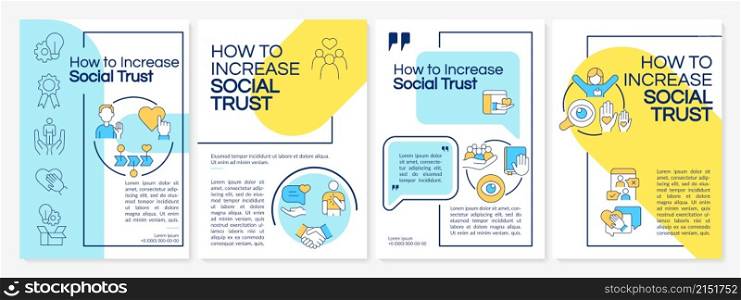 Increase social trust blue and yellow brochure template. Booklet print design with linear icons. Vector layouts for presentation, annual reports, ads. Questrial-Regular, Lato-Regular fonts used. Increase social trust blue and yellow brochure template