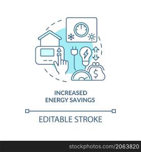 Increased energy savings blue concept icon. Home automation advantages abstract idea thin line illustration. Isolated outline drawing. Editable stroke. Roboto-Medium, Myriad Pro-Bold fonts used. Increased energy savings blue concept icon