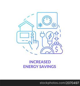 Increased energy savings blue gradient concept icon. Home automation abstract idea thin line illustration. Isolated outline drawing. Editable stroke. Roboto-Medium, Myriad Pro-Bold fonts used. Increased energy savings blue gradient concept icon