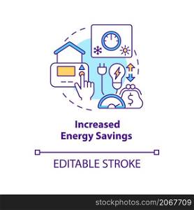 Increased energy savings concept icon. Home automation advantages abstract idea thin line illustration. Isolated outline drawing. Editable stroke. Roboto-Medium, Myriad Pro-Bold fonts used. Increased energy savings concept icon