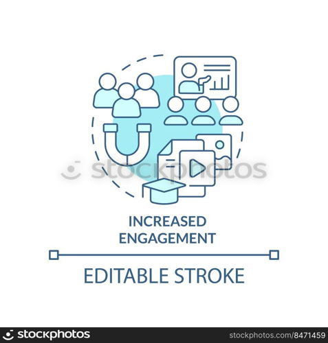 Increased engagement turquoise concept icon. Microlearning benefit abstract idea thin line illustration. Satisfaction. Isolated outline drawing. Editable stroke. Arial, Myriad Pro-Bold fonts used. Increased engagement turquoise concept icon