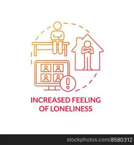 Increased feeling of loneliness red gradient concept icon. Coping with online learning stress abstract idea thin line illustration. Feel separated. Isolated outline drawing. Myriad Pro-Bold font used. Increased feeling of loneliness red gradient concept icon
