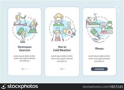 Increased fluid consumption onboarding mobile app page screen. Rehydration walkthrough 3 steps graphic instructions with concepts. UI, UX, GUI vector template with linear color illustrations. Increased fluid consumption onboarding mobile app page screen